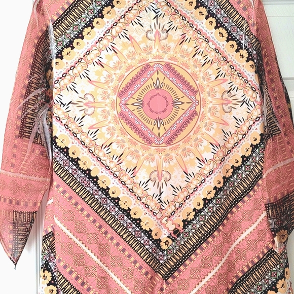 Style & Co Pink Gold Orange  Bohemian Print Scarf Blouse Large w/Flared Sleeves - Picture 5 of 6